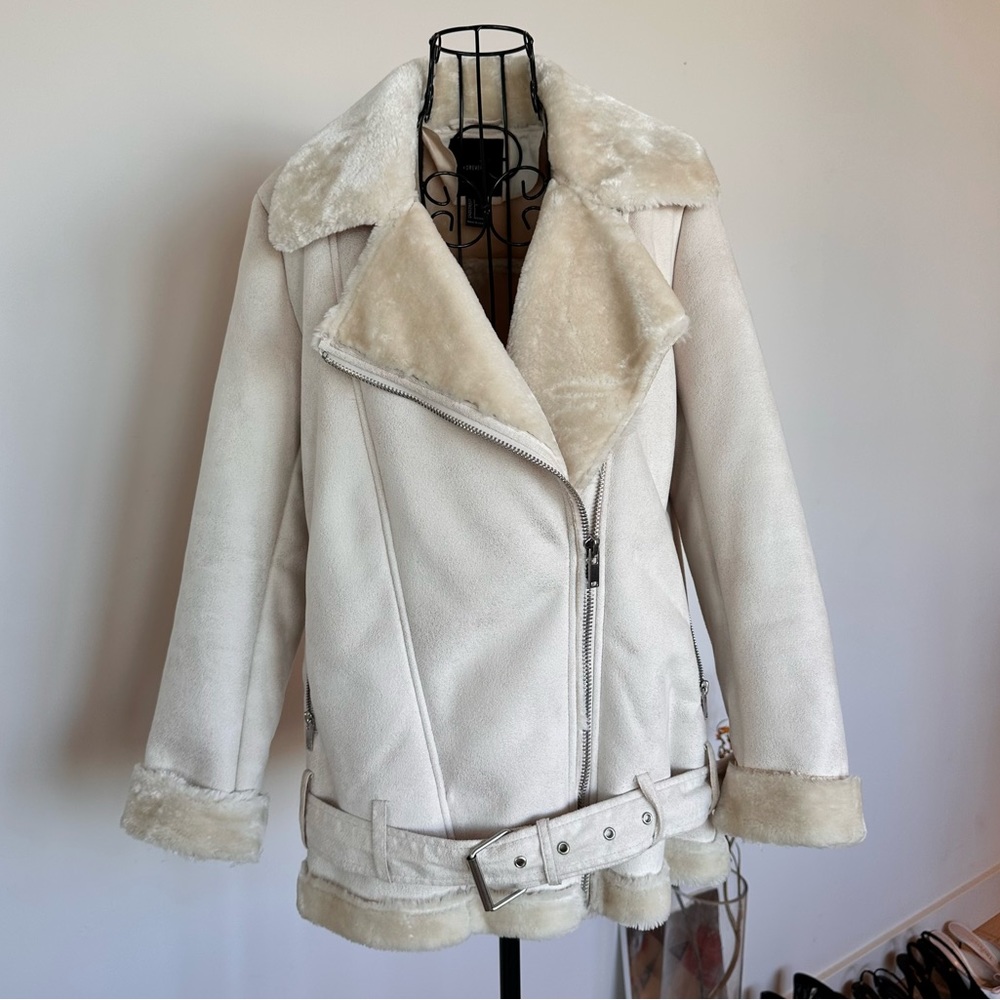 Forever 21 Faux Suede Vegan Fur Lined Collared Jacket | SMALL